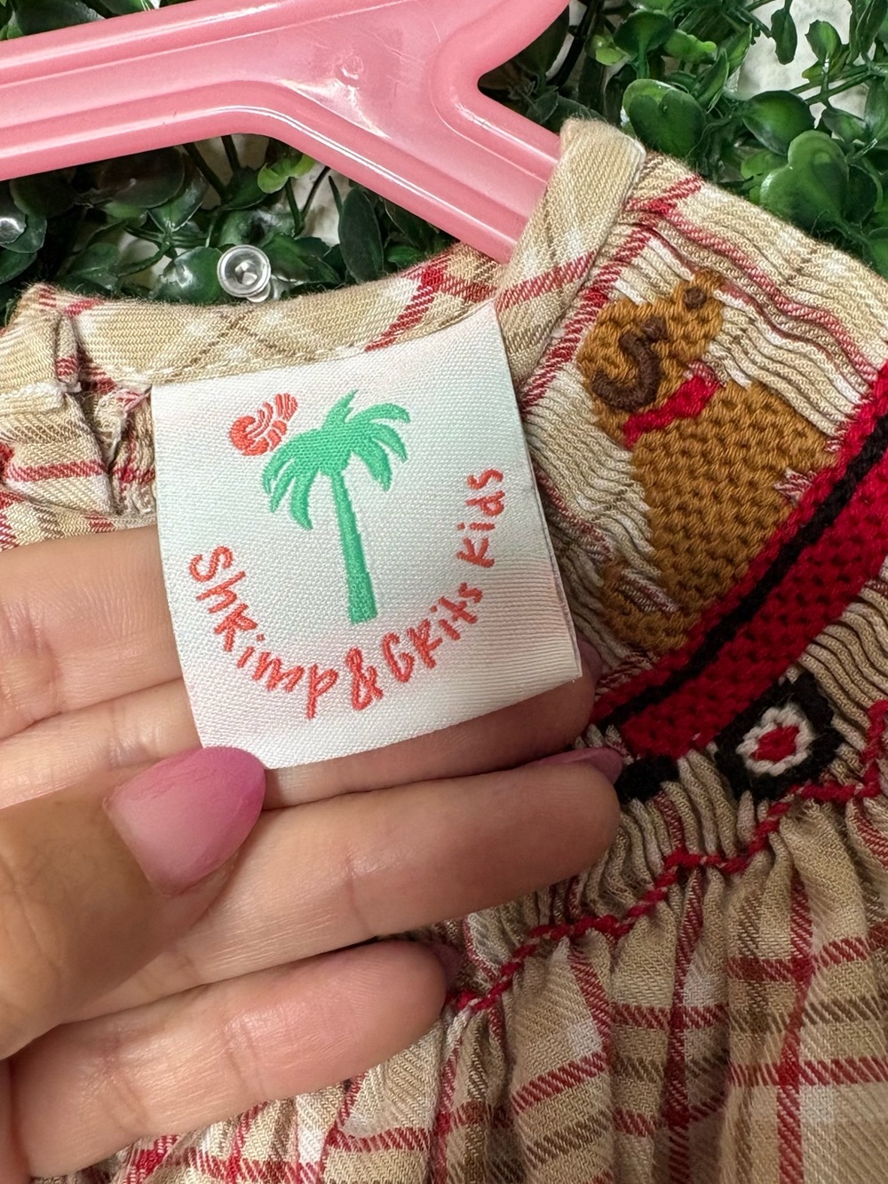 Shrimp and Grits Plaid Smocked Cotton Dress with puppies and wagons details - Picture 3 of 4